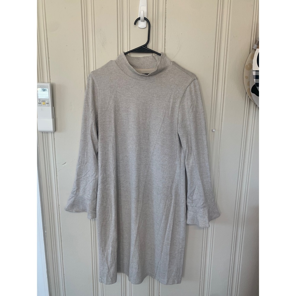 Metallic Silver Mock Neck Shift Dress Long Sleeve Ruffle Cuff Sparkle Knit‎